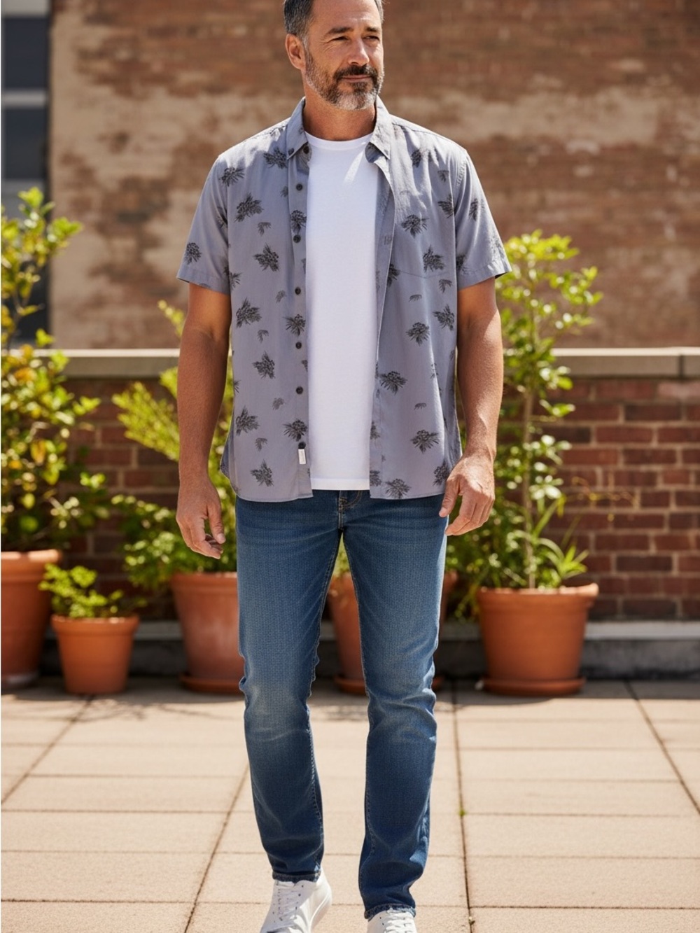 TRAVIS MATHEW GREY PRINT BUTTON FRONT CASUAL SHIRT SZ LARGE